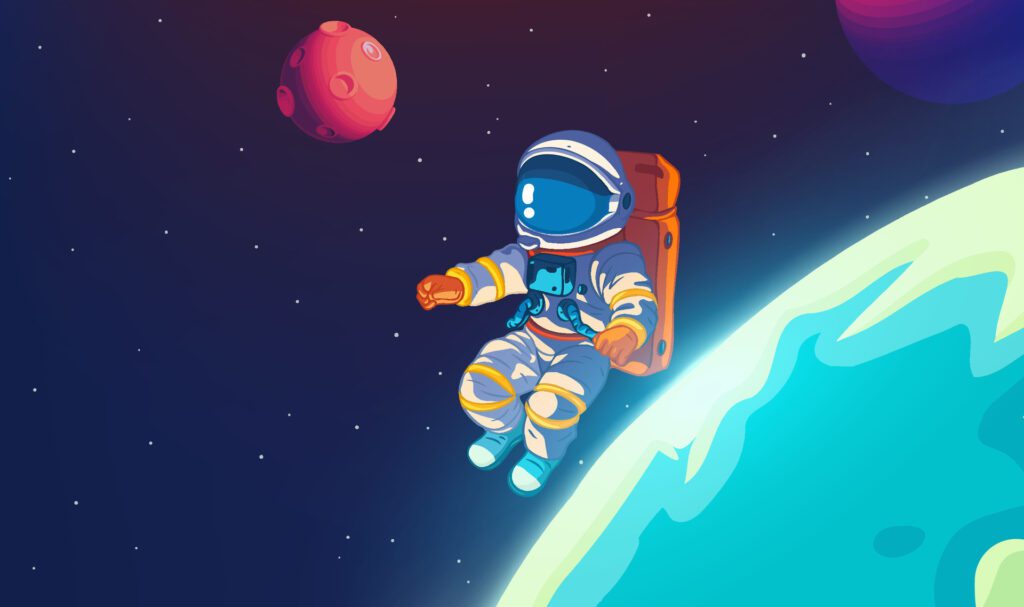 A horizontal illustration of astronauts exploring space with stars and planets in the background Free Vector