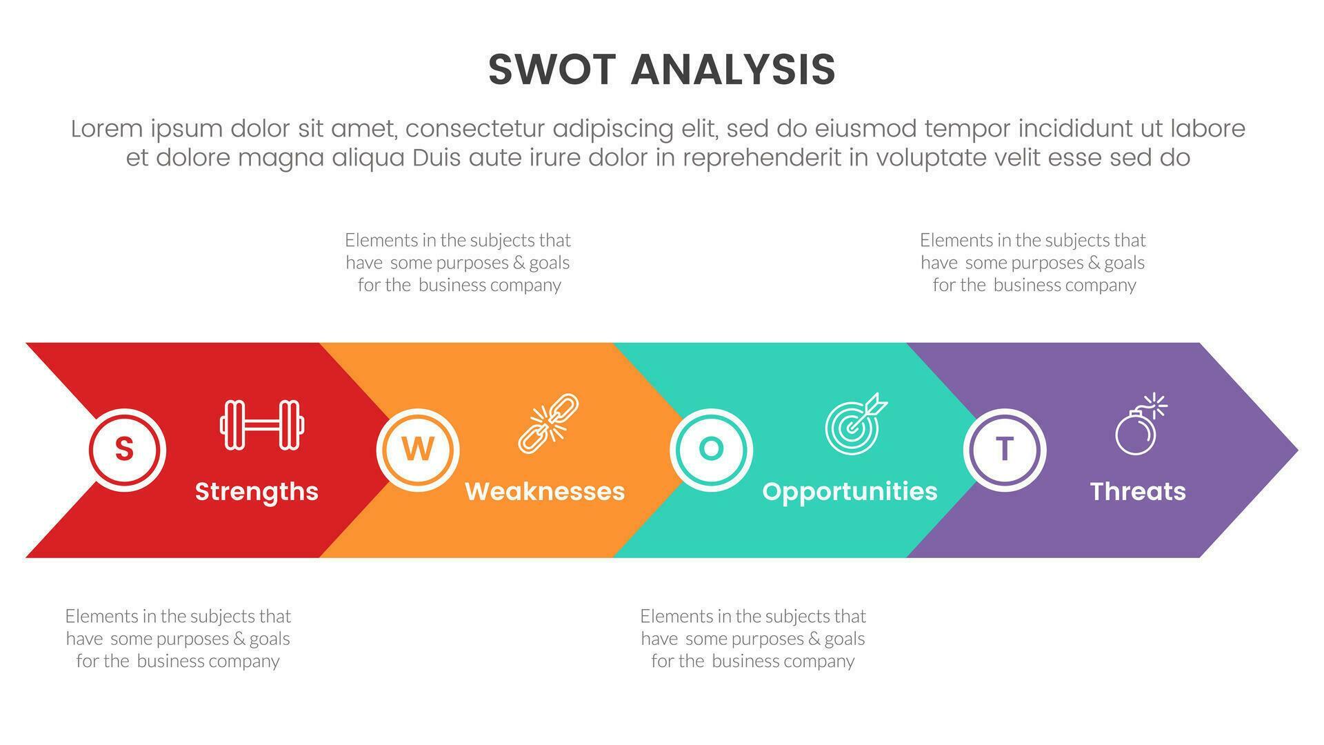 swot analysis concept with for infographic template banner with big arrow base shape four point list information vector Stock Free