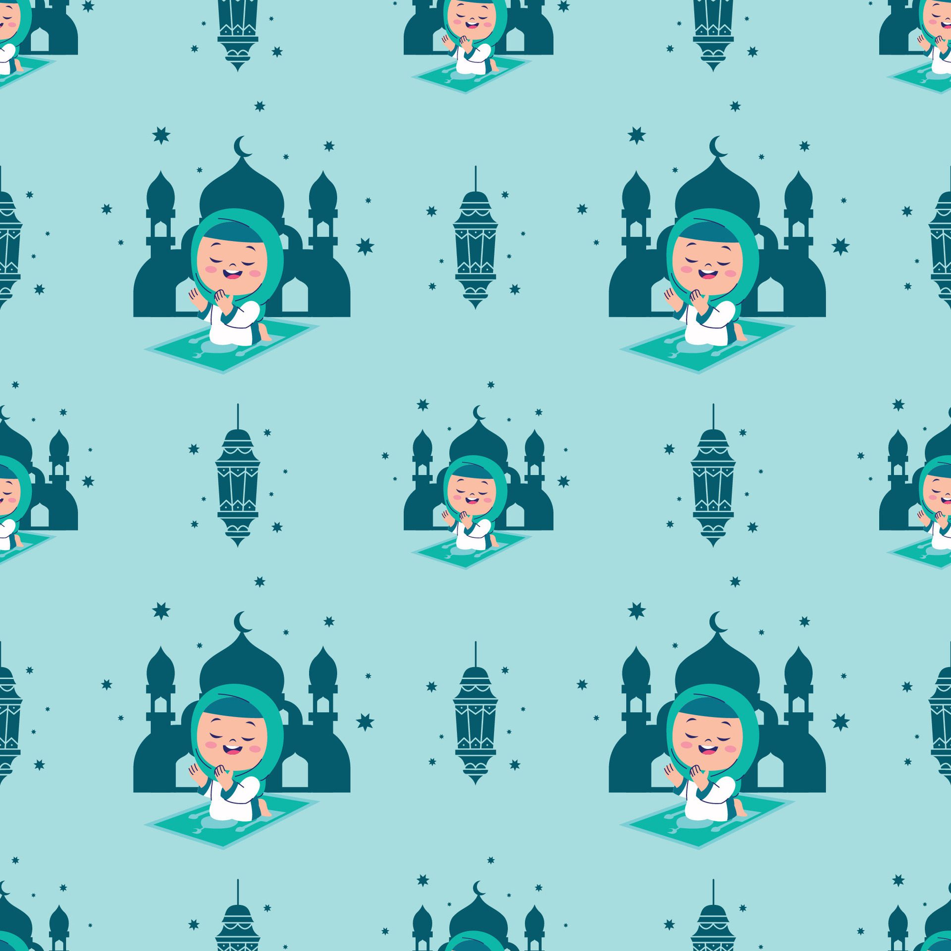 CUTE ISLAMIC GIRL IN HIJAB IS PRAYING SEAMLESS PATTERN Free Vector