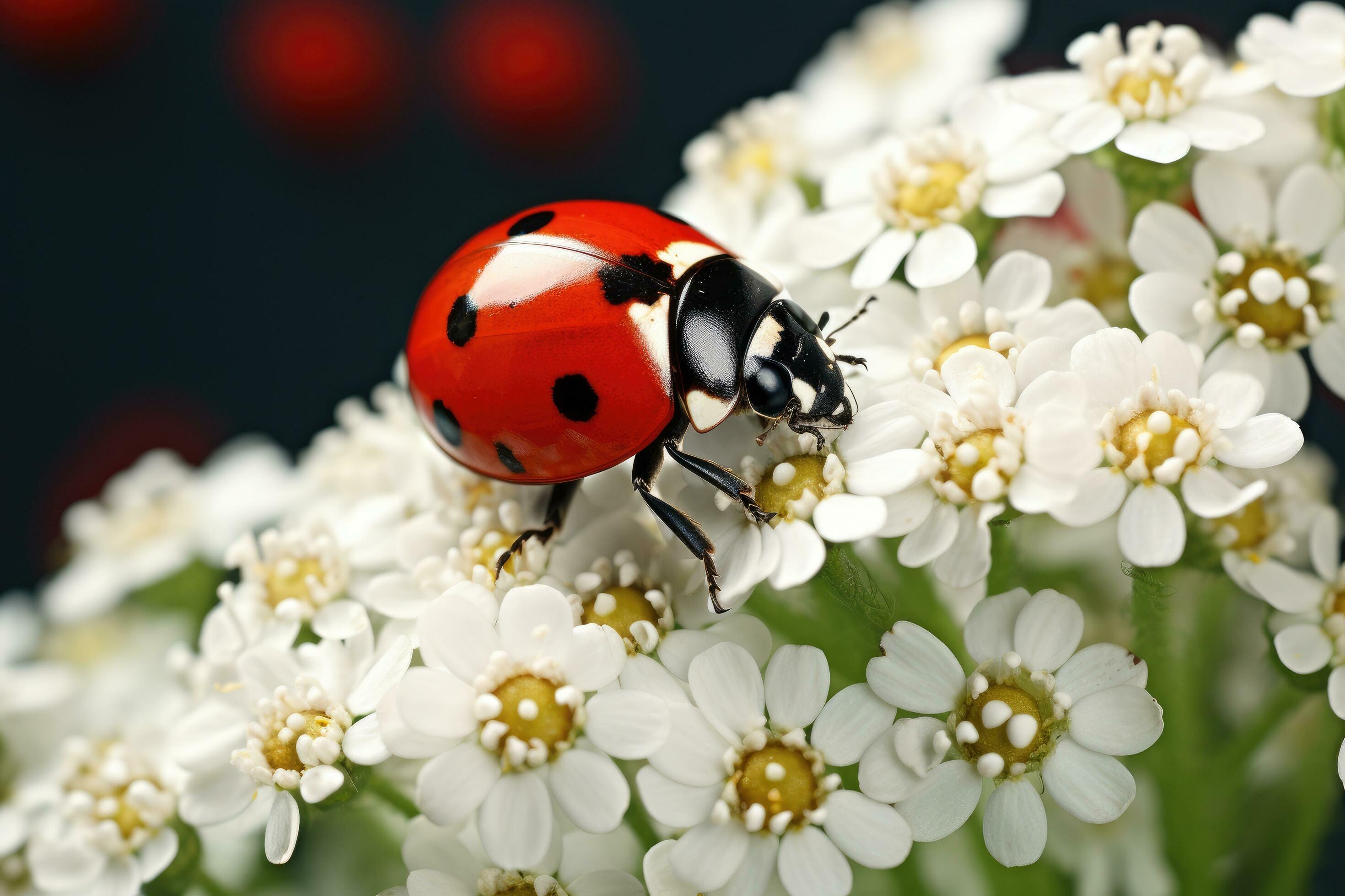 ladybug on white flower isolated on black background macro close up, A beautiful ladybug sitting on a white flower, AI Generated Stock Free