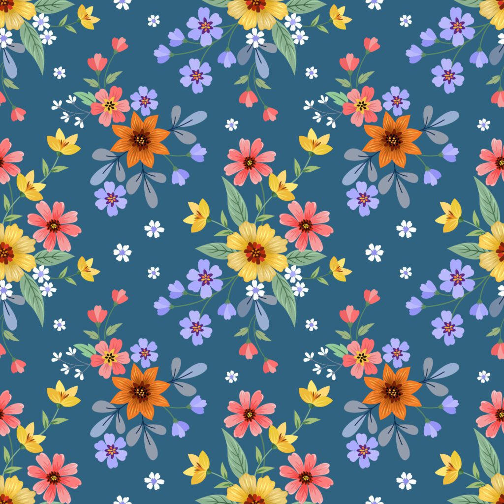 Beautiful blooming flowers design on green color background seamless pattern. Free Vector