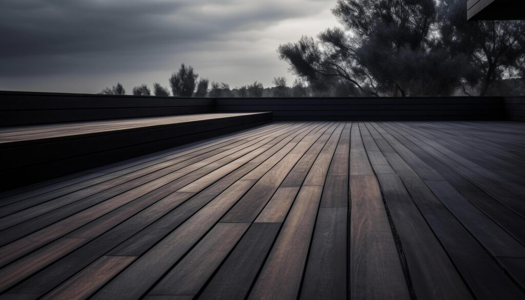 Dark hardwood plank flooring blends with nature abstract landscape backdrop generated by AI Stock Free