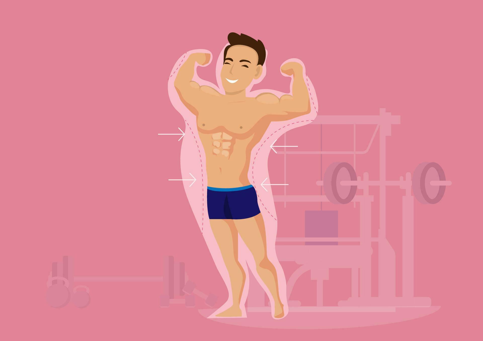 Happy man after exercise and diet loses weight according to arrows Let him achieve his intended goal. vector illustration Stock Free