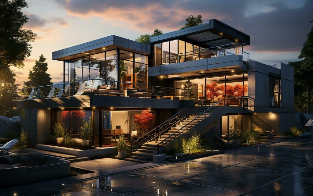 unique industrial architecture house in daylight, photo-realistic AI generative Stock Free