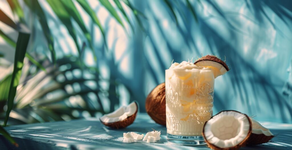 Creamy Coconut Drink With Tropical Palm Leaves on a Blue Background Stock Free