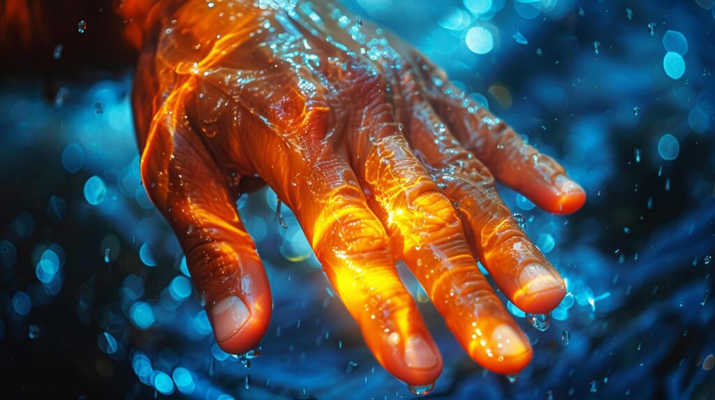 Science fiction light on human hand in undersea water world. AI-generated Free Photo