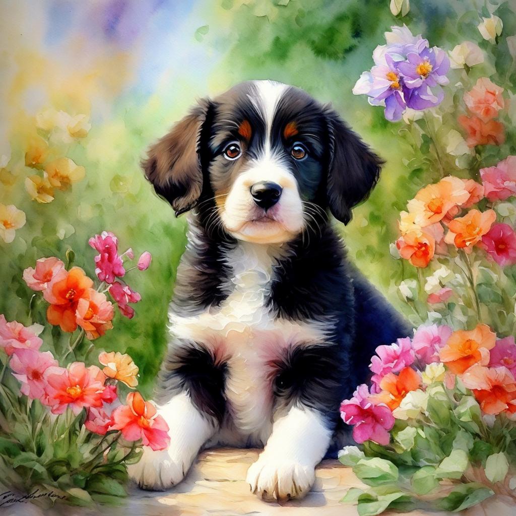 Flowers, puppy, HD, watercolor, by @ai_generated