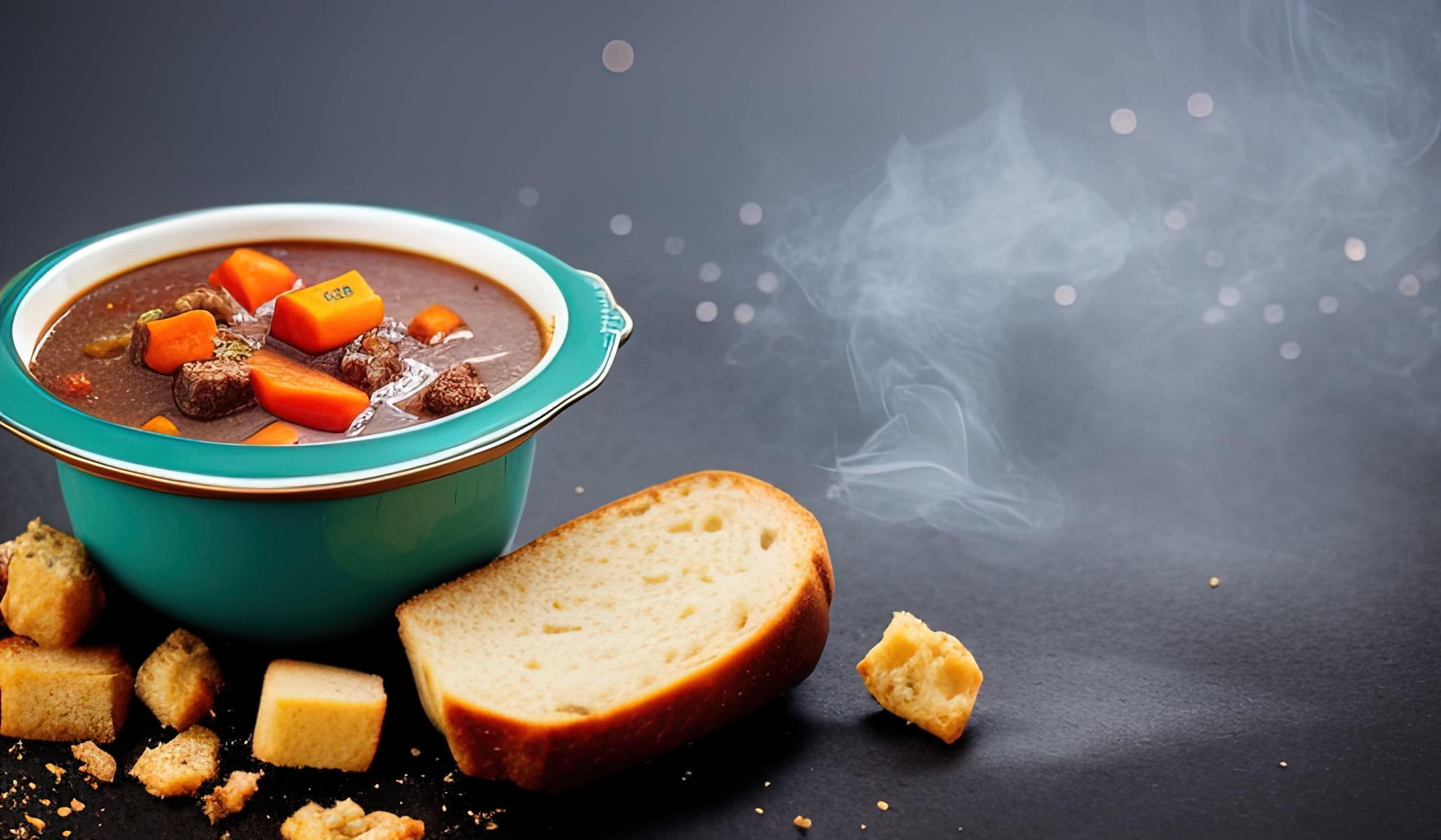 professional food photography close up of a a bowl of beef stew with bread on the side Stock Free