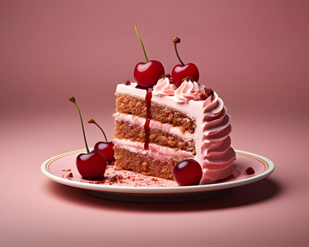 Piece of cake with cherries on a plate on a pink background Free Photo