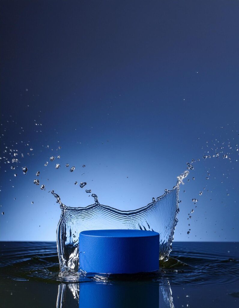 empty blue podium mockup with water splash on a gradient background for product display Stock Free