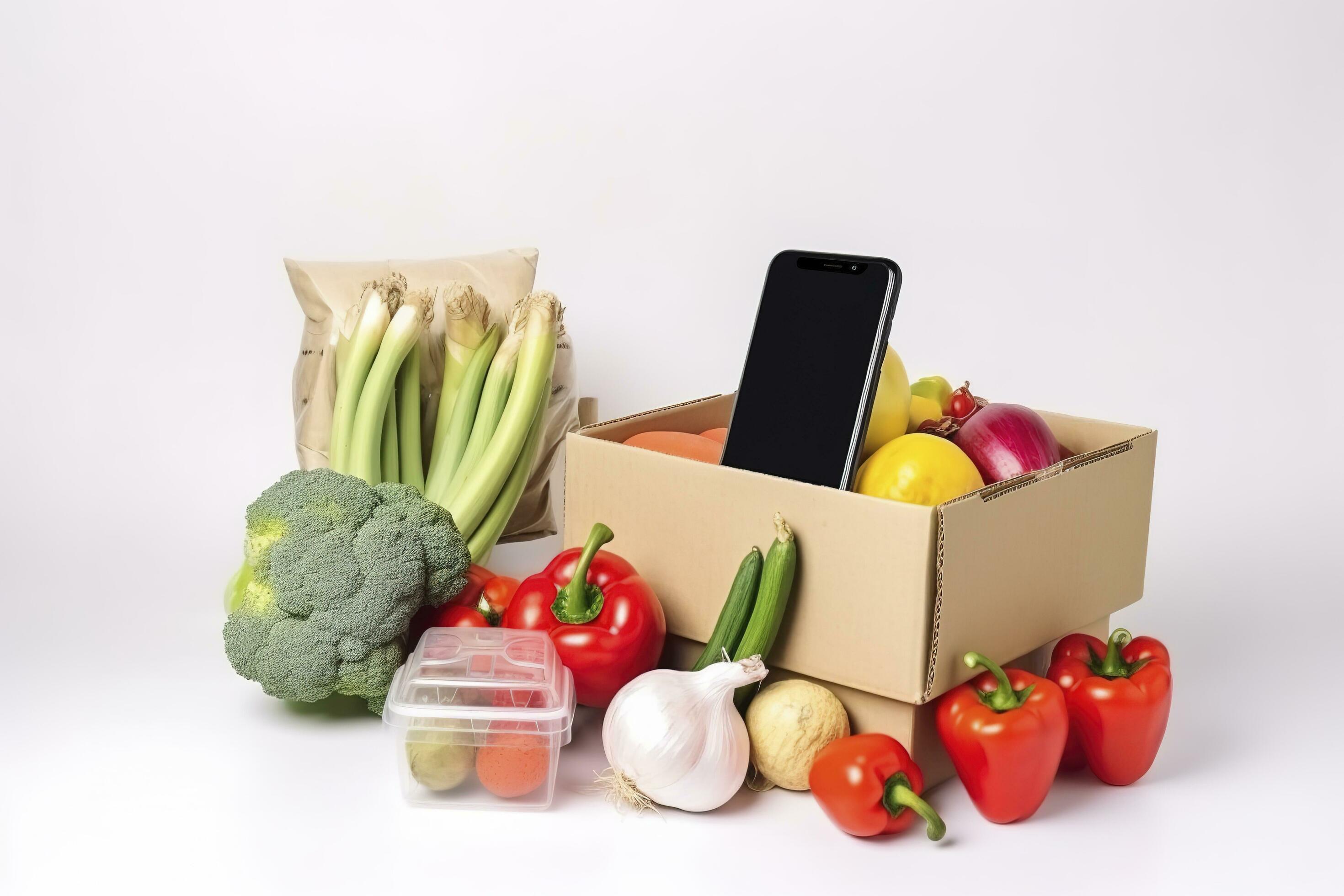 smartphone with food delivery application over table with fresh groceries isolated on white background, generate ai Stock Free