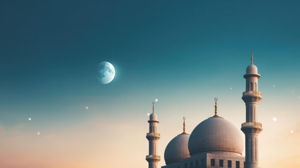 Mosques Dome on dark blue twilight sky and Crescent Moon on background Illustration Stock Free