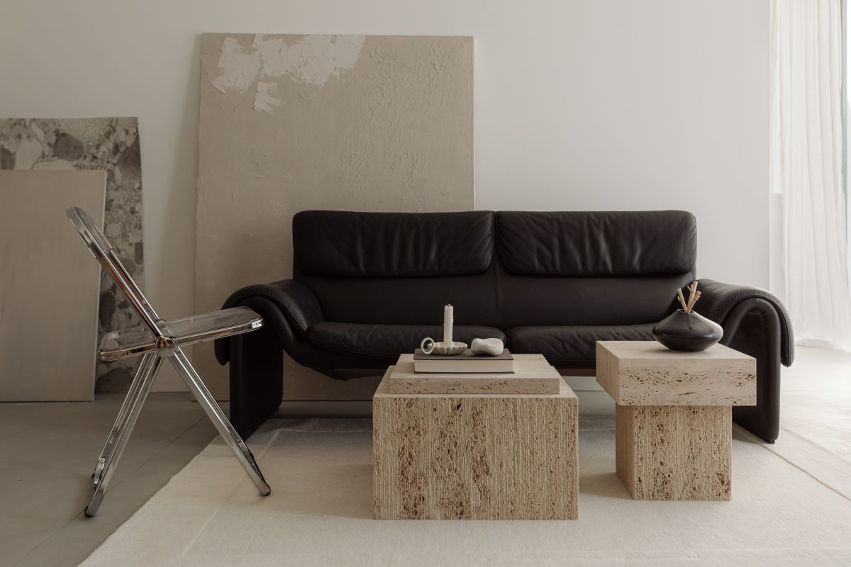 Interior Inspo: Warm Minimalist Living Room – de Sede DS-2011 Leather Sofa and Travertine Furniture Stock Free