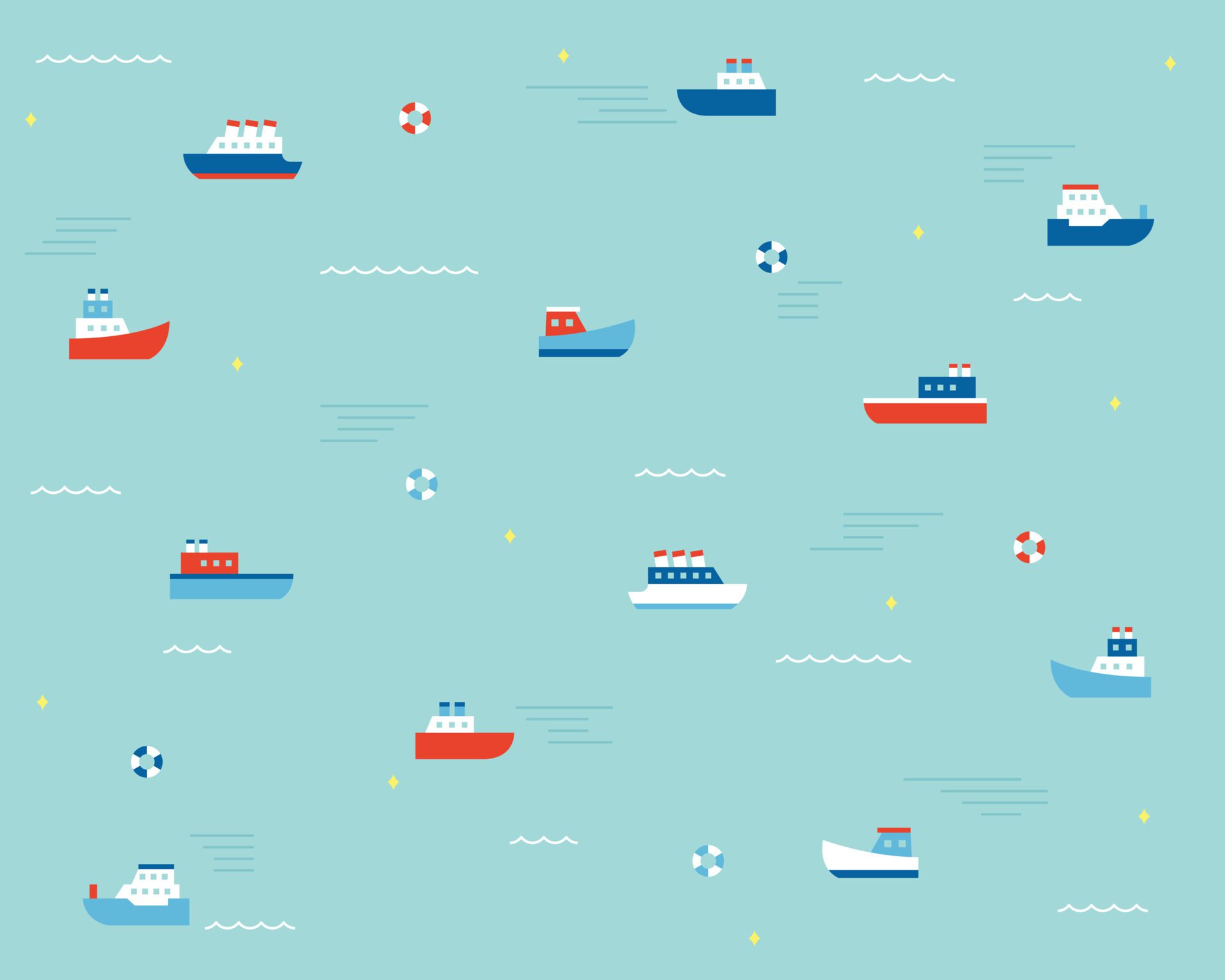 Boats with simple designs are floating in the emerald-colored sea. Simple pattern design template. Free Vector