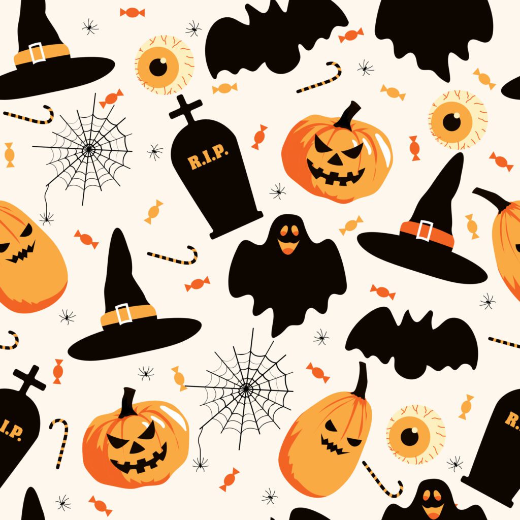 Halloween seamless pattern with witch hat, spider web, grave, ghost, pumpkin and sweets. Vector illustration Free Vector