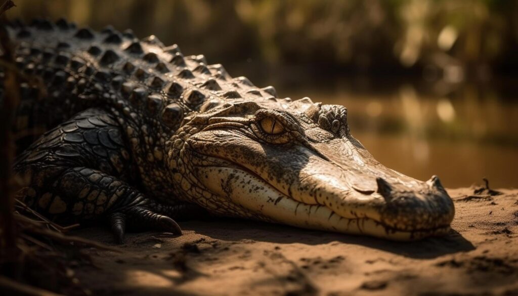 Large crocodile resting in tropical rainforest pond generated by AI Free Photo