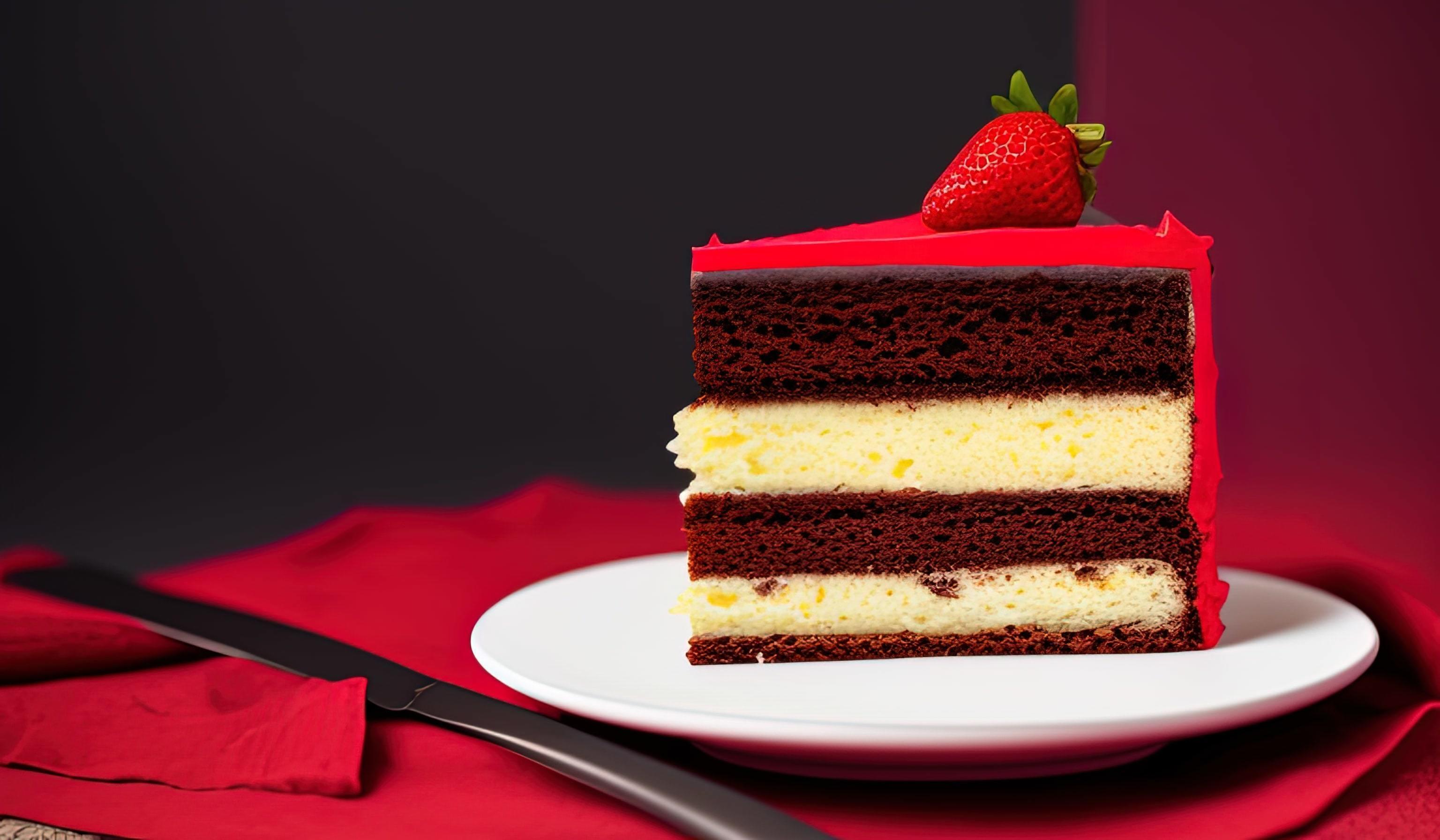 professional food photography of a piece of cake sitting on top of a red plate Stock Free