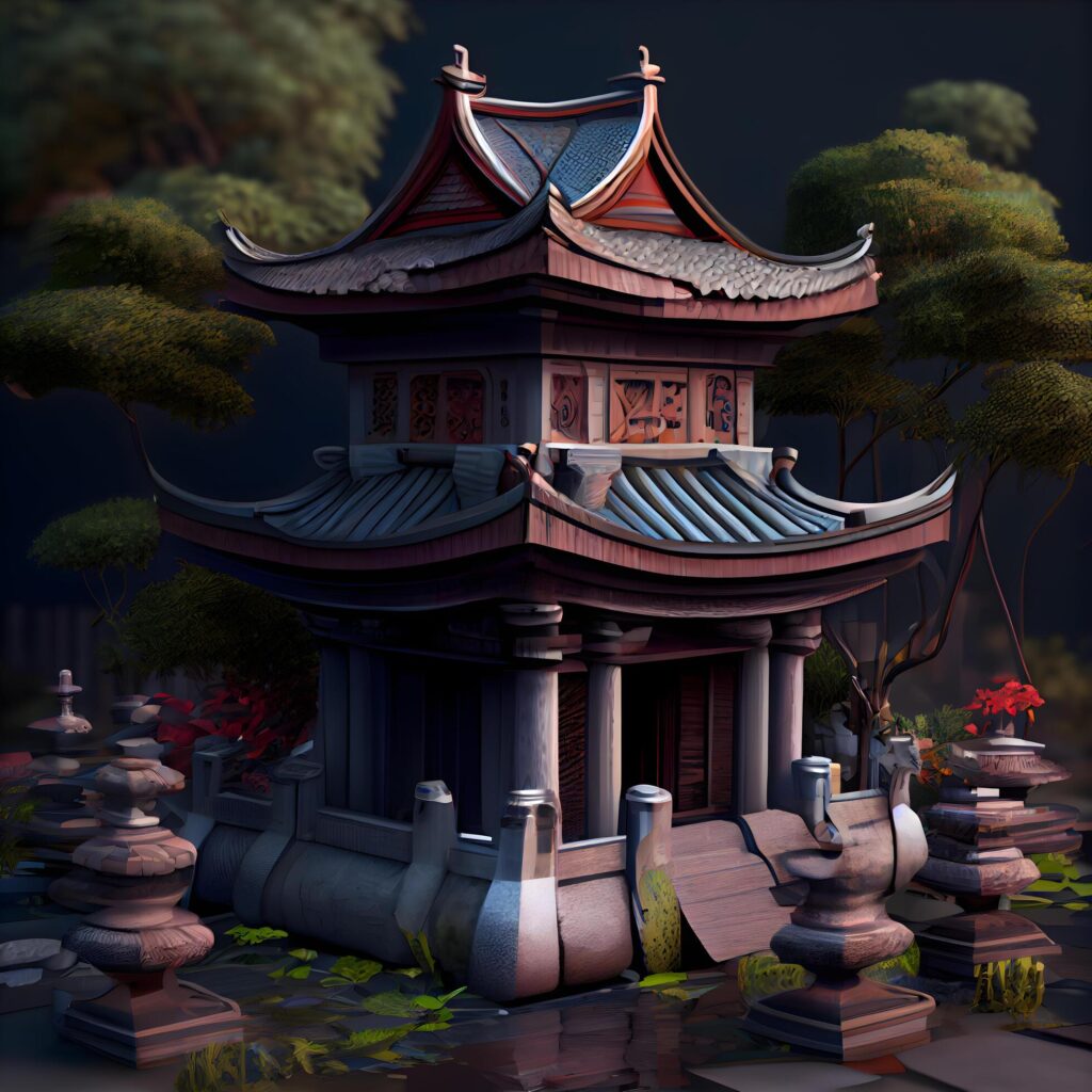 3D rendering of a Japanese temple in the jungle with a dark background, Image Stock Free