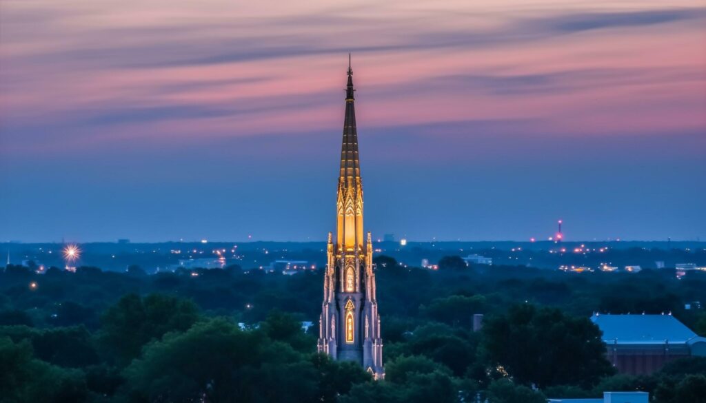 Illuminated spires silhouette city skyline at twilight, a gothic monument generated by AI Stock Free