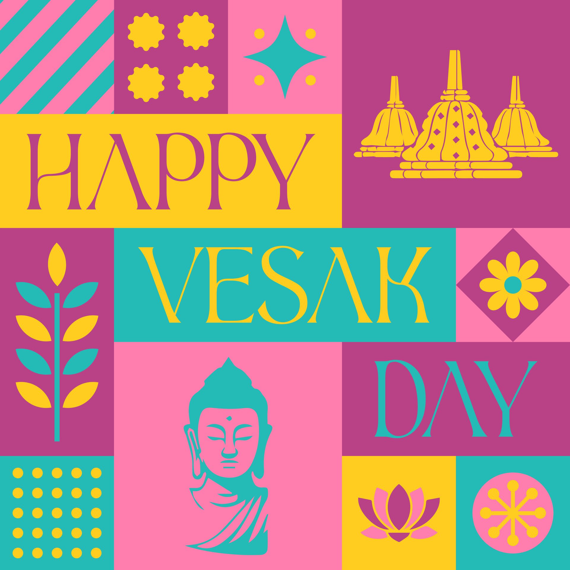 Happy Vesak Day Buddhist seamless pattern in scandinavian style postcard with Retro clean concept design Free Vector