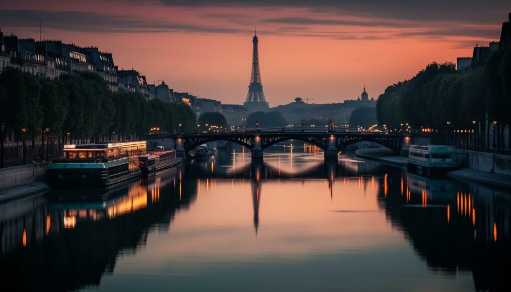 City skyline illuminated at dusk, reflecting on water generated by AI Stock Free