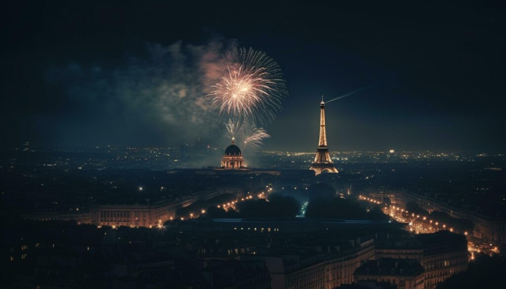 Fireworks exploding over famous city skyline at dusk generated by AI Stock Free