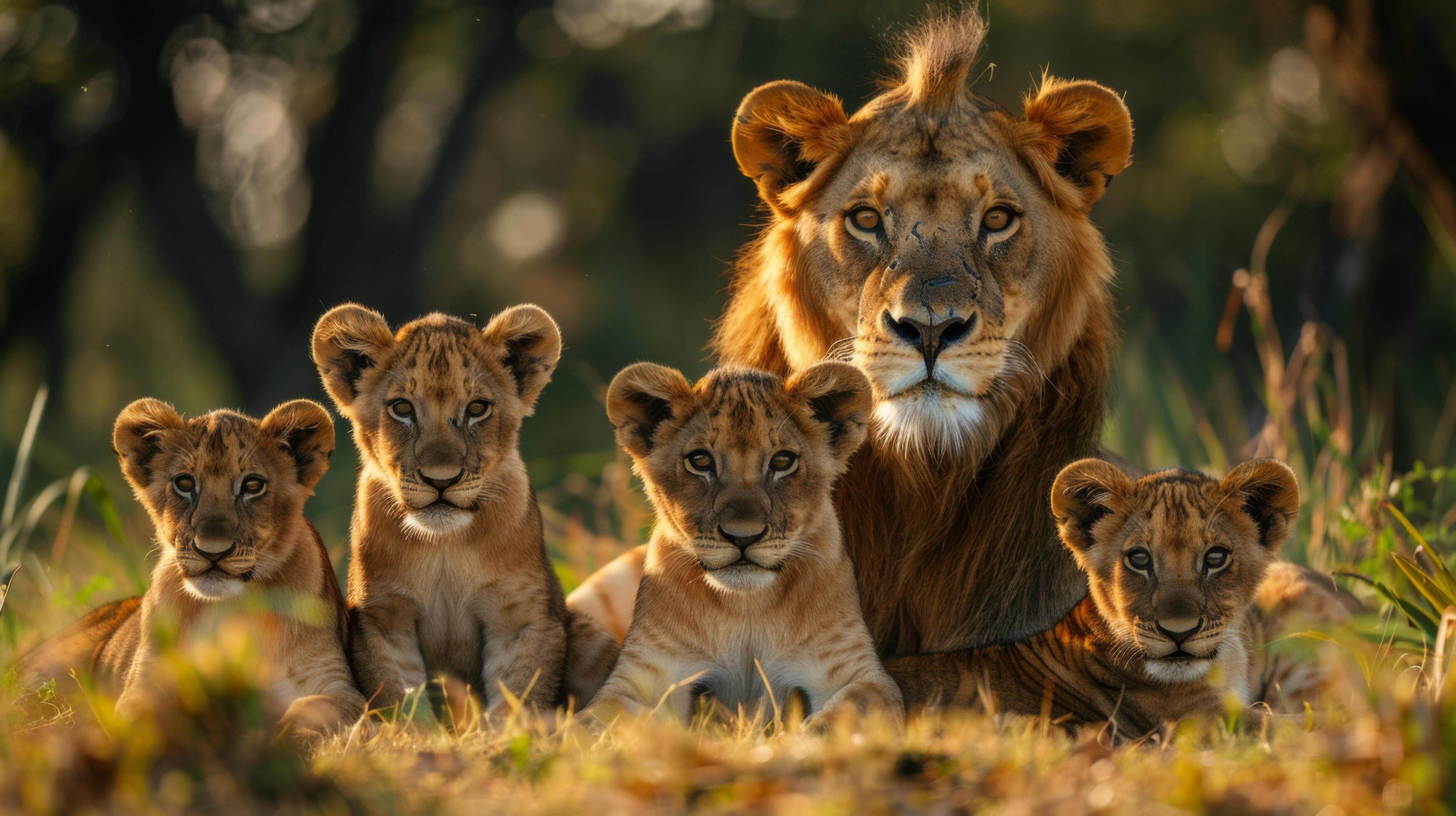 A majestic lion with four adorable cubs resting together in the savanna, depicting family and wildlife in nature. Stock Free