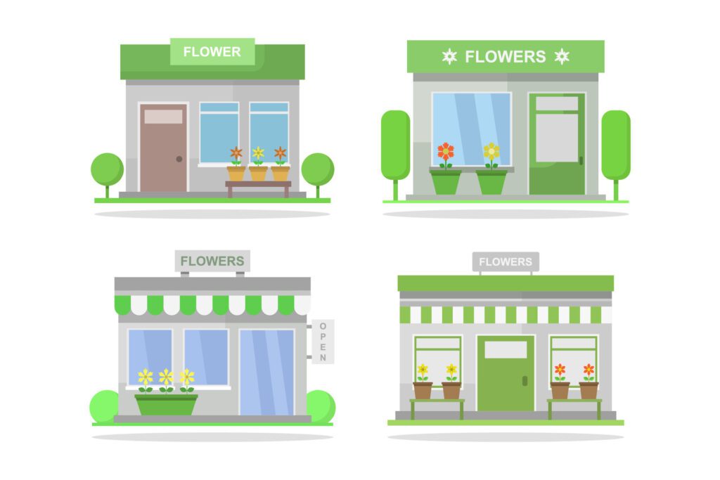 Flower shop buildings illustrated on white background Free Vector