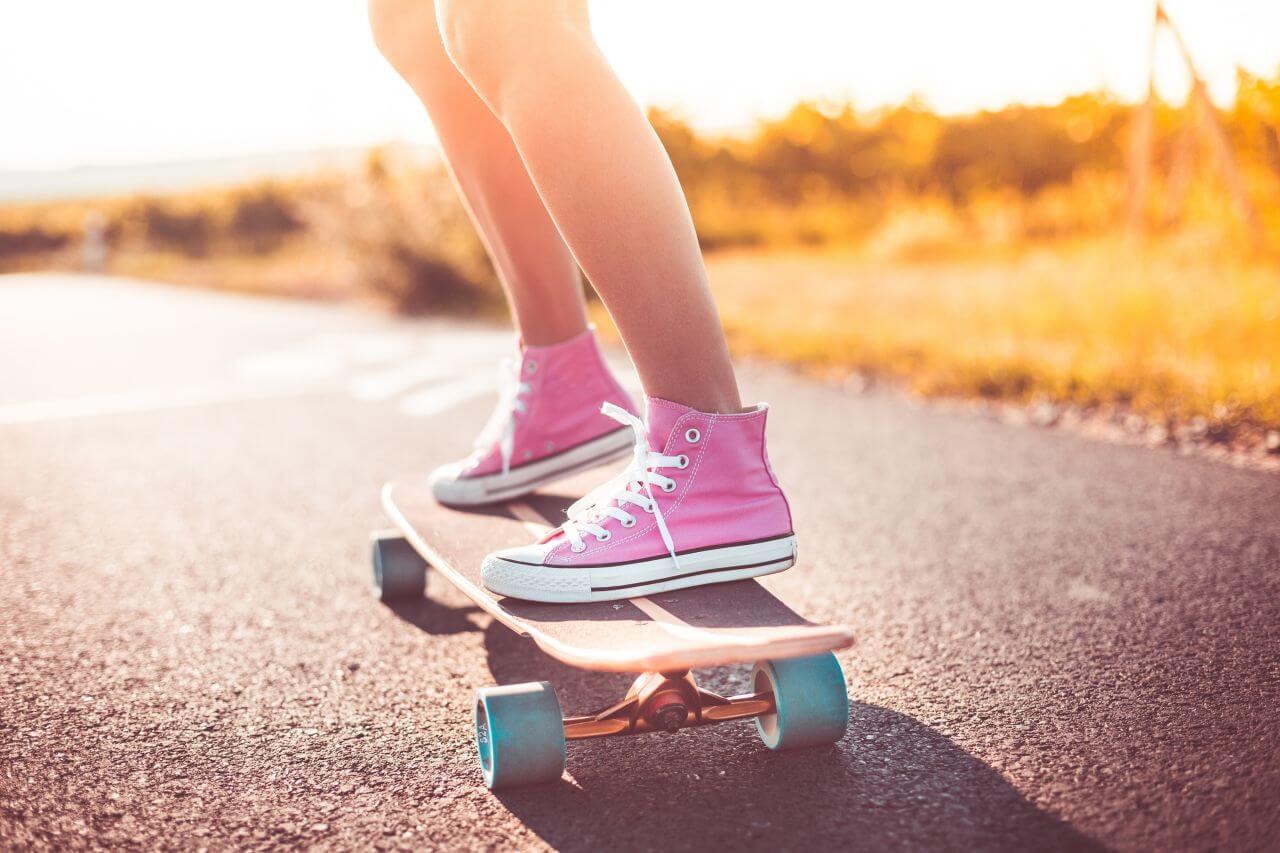 Girl Pink Sneakers Longboard Road Stock Free