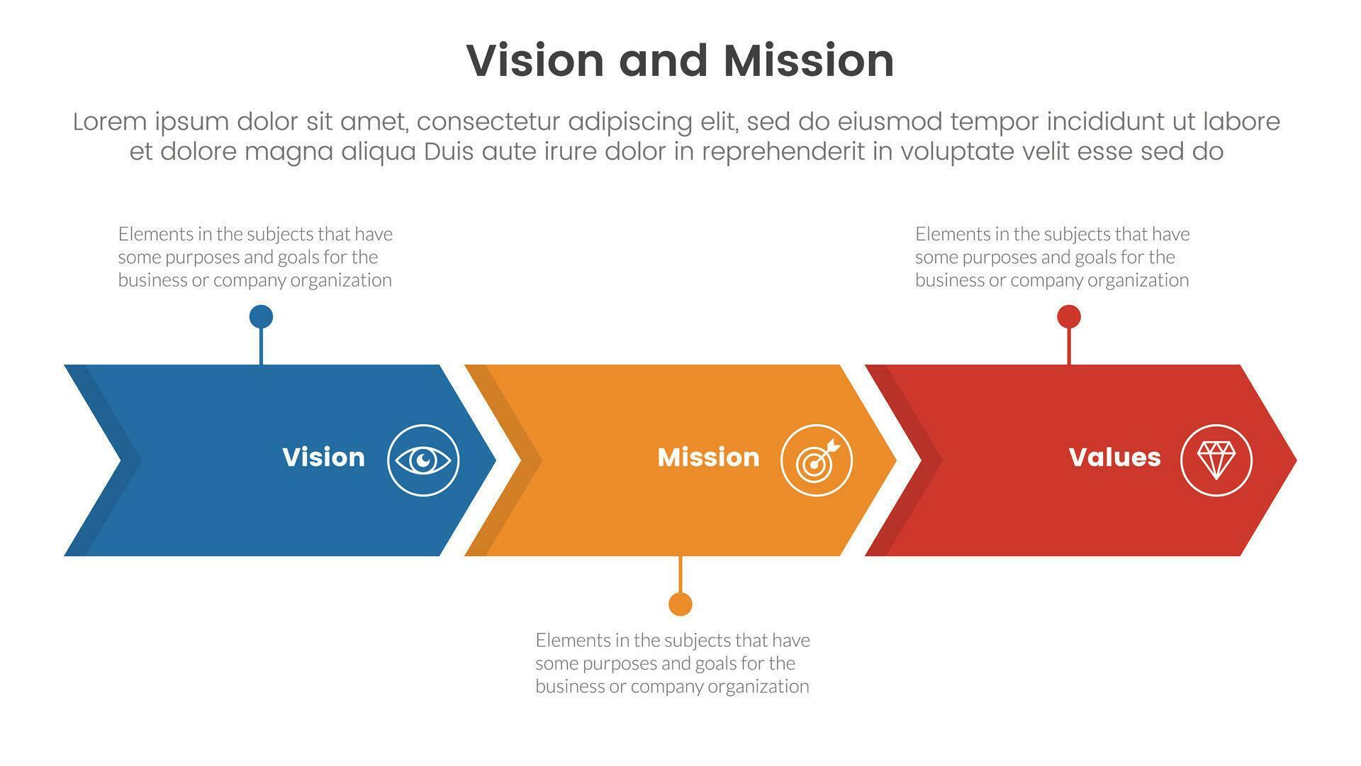 business vision mission and values analysis tool framework infographic with arrow right direction 3 point stages concept for slide presentation Stock Free