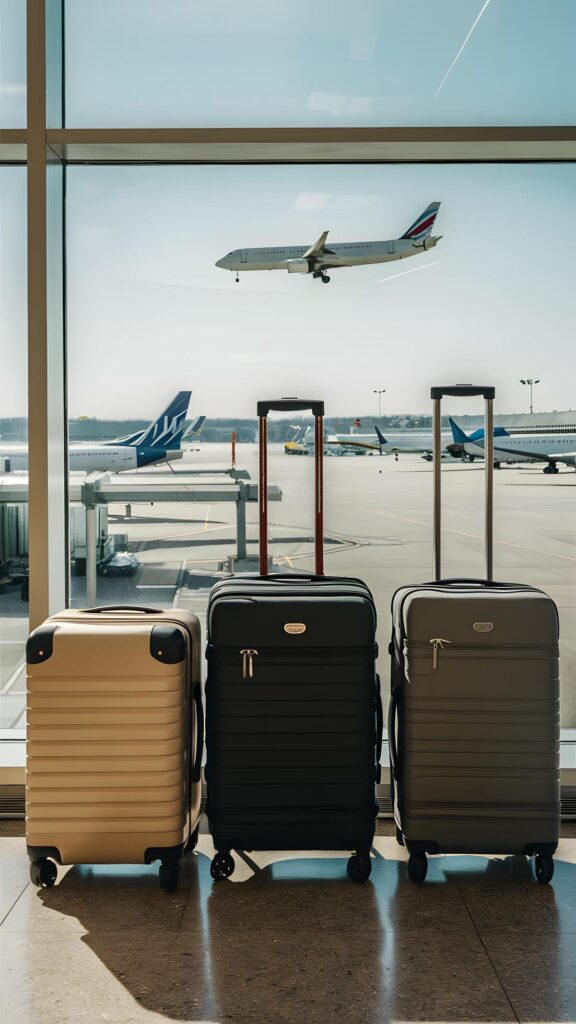 Travel Ready Luggage in airport terminal, airplanes parked, sunny sky view Vertical Mobile Wallpaper Stock Free