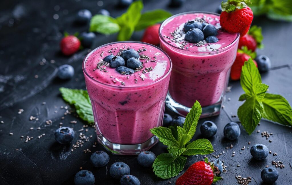 healthy strawberry and blueberry smoothie on the table with green leaves Free Photo