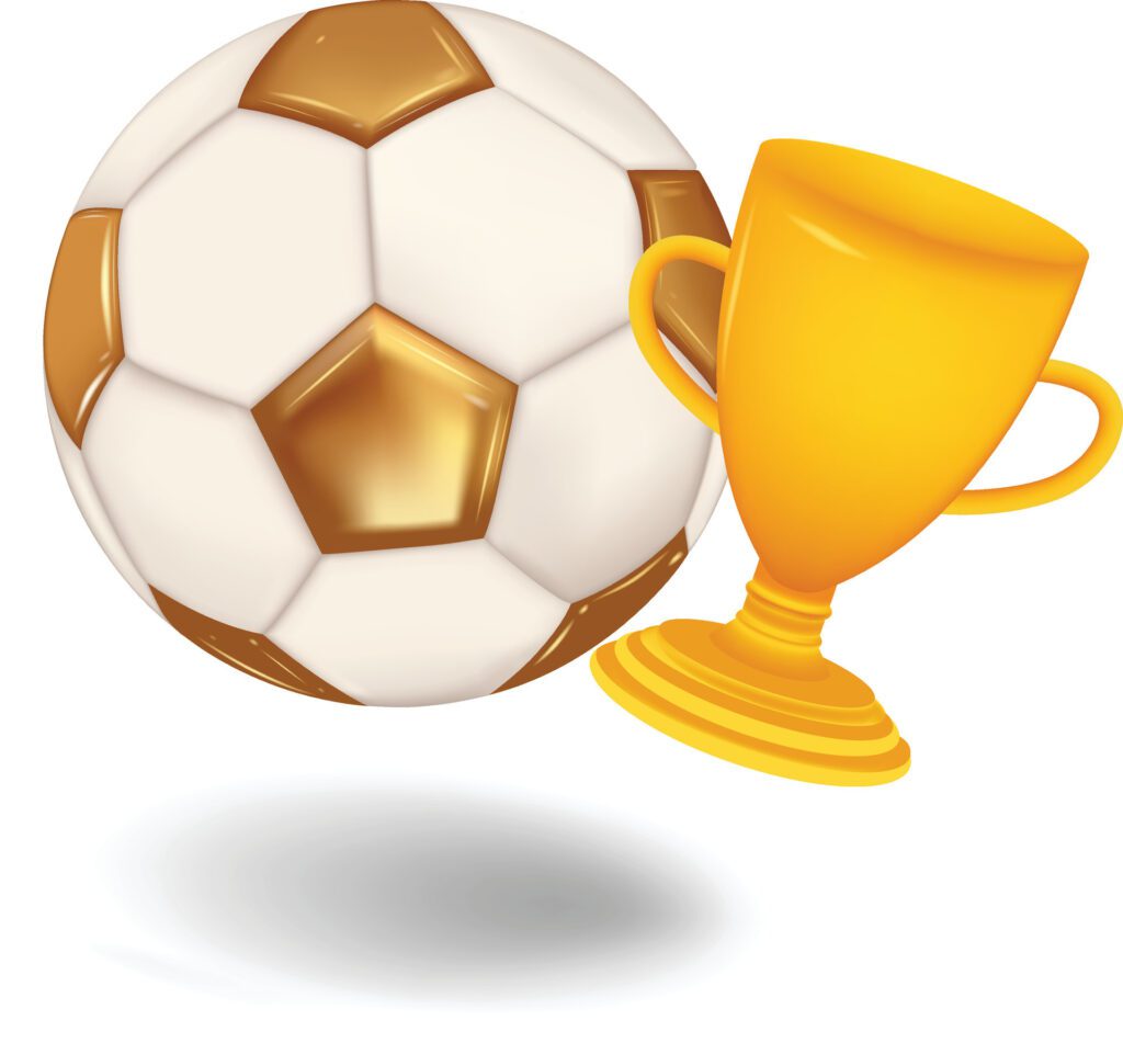 Soccer ball with golden cup. Sports football game. Creative concept background Free Vector