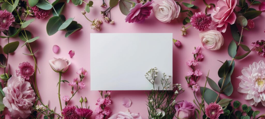 Pink Flowers and a Blank White Card on a Pink Background Stock Free