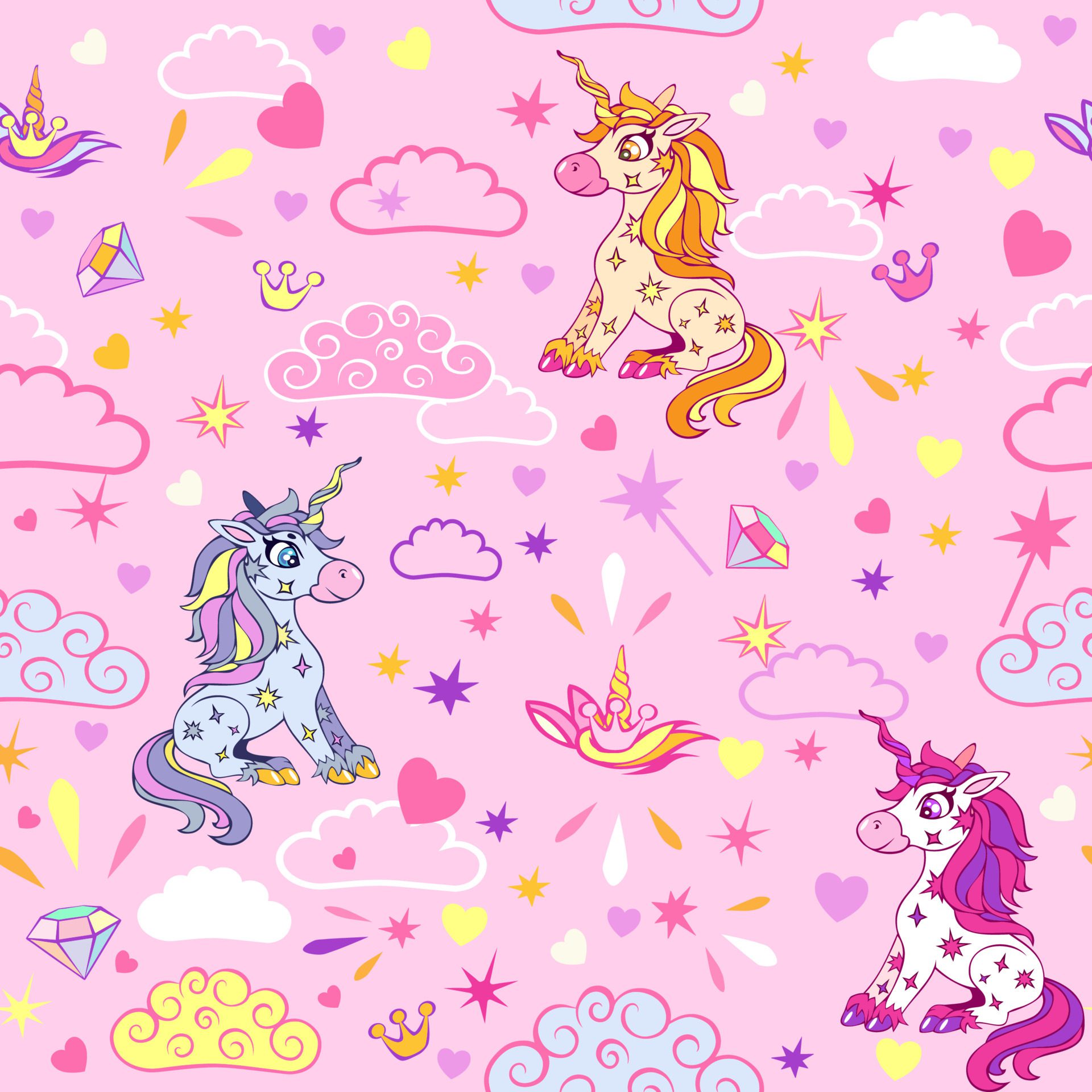 Seamless pattern with cute magical unicorns in the sky with colorful clouds, moon and stars. Free Vector