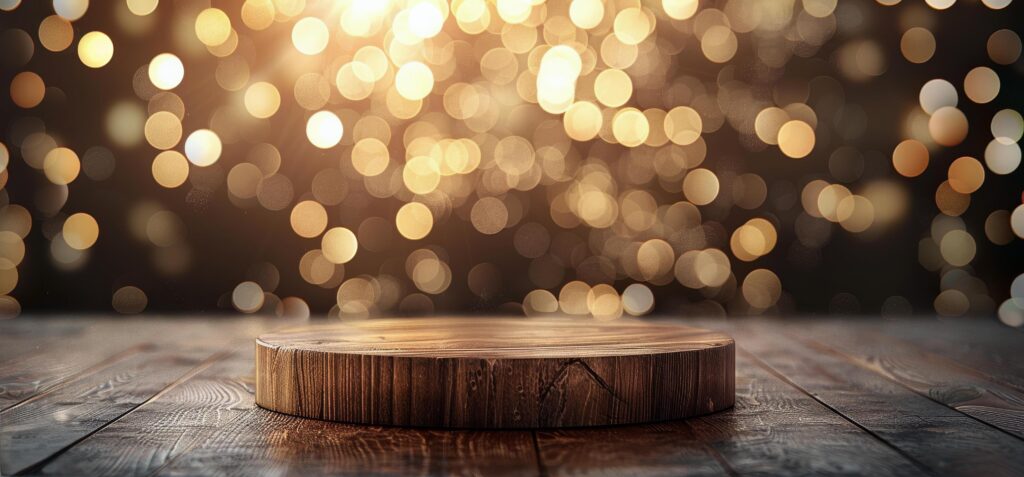 Wooden Round Tabletop With Golden Bokeh Lights Background Stock Free