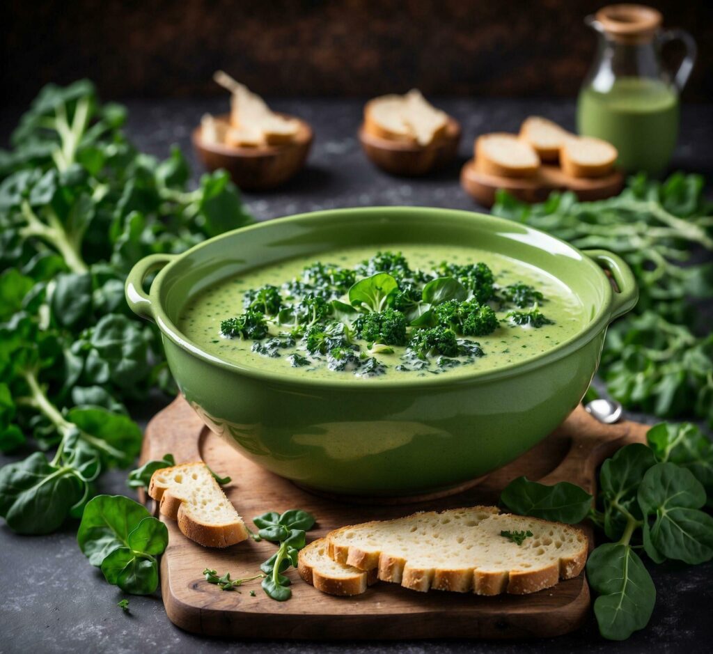 Homemade kale soup with croutons. Selective focus. Free Photo