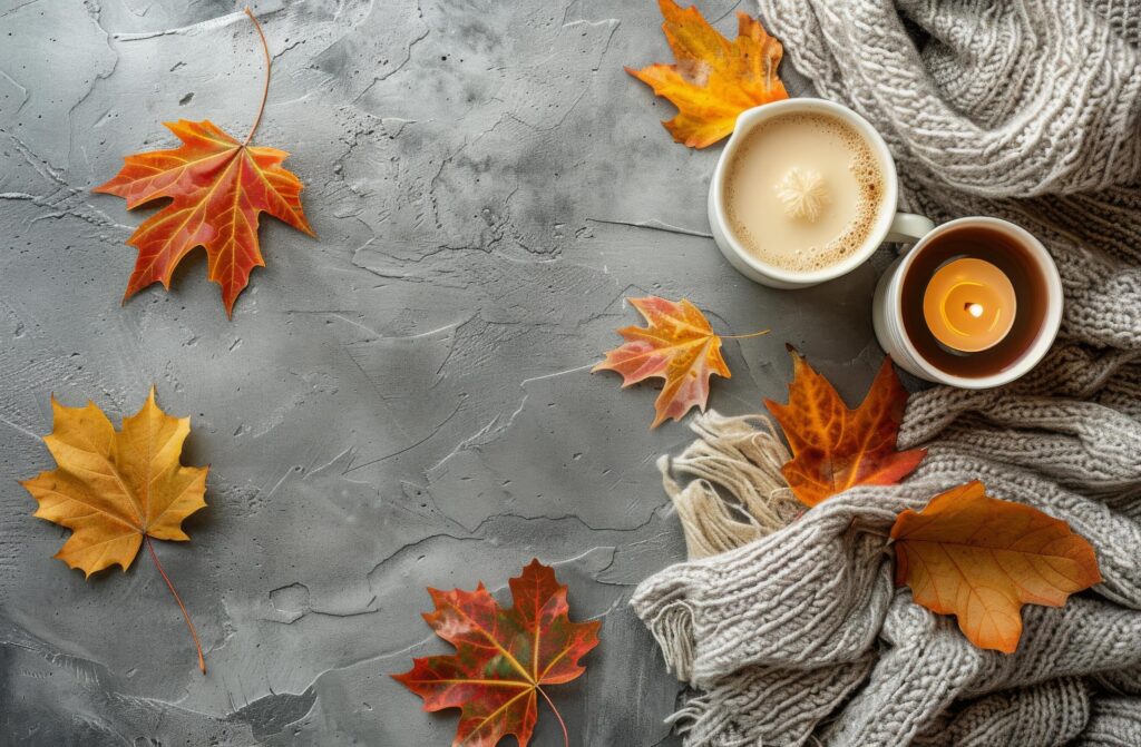 Autumnal Still Life With Coffee, Candles, and Leaves on Grey Background Stock Free