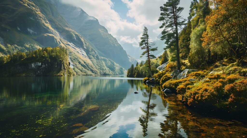 Autumns Golden Embrace on a Mountain Lake Free Photo