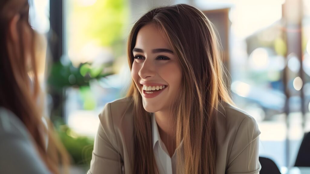 Confident and Cheerful Business Professional Posing in Bright Office Setting Stock Free