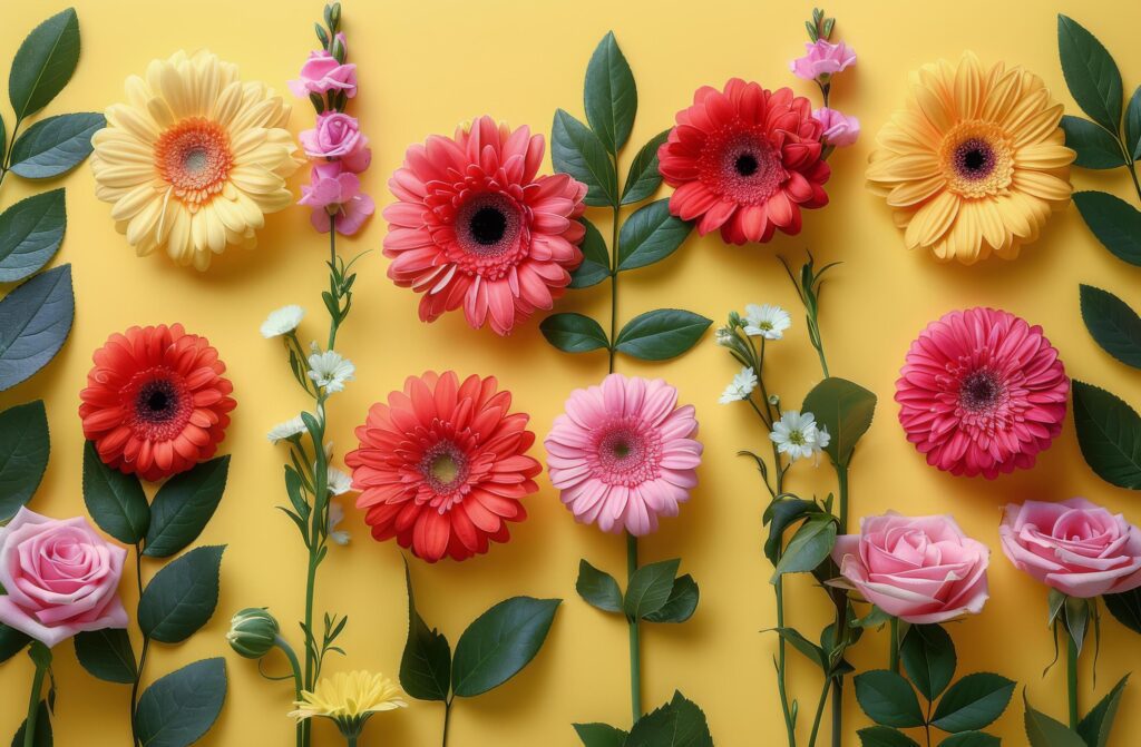 Colorful Flower Arrangement on Yellow Background Stock Free