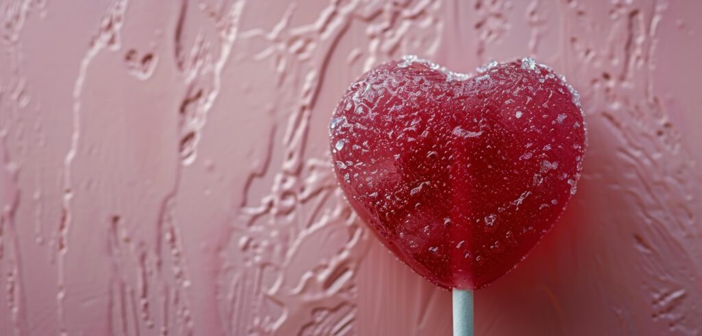 Close Up of a Red Heart Shaped Lollipop on Pink Background Stock Free