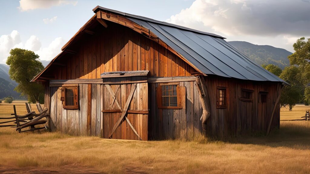 Old wooden barn with blue roof in the countryside. 3d render. Stock Free