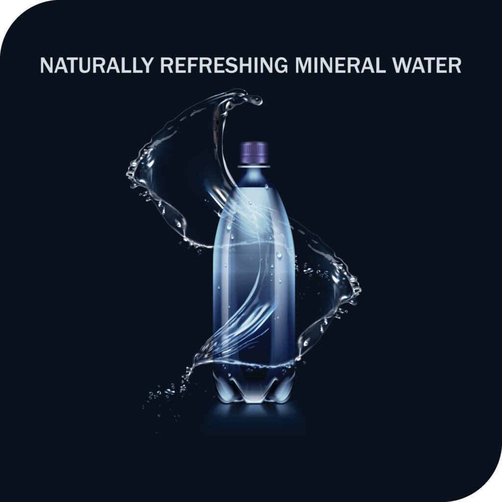 Transparent realistic mineral water plastic bottle in water with water splash and drops on light background Free Vector