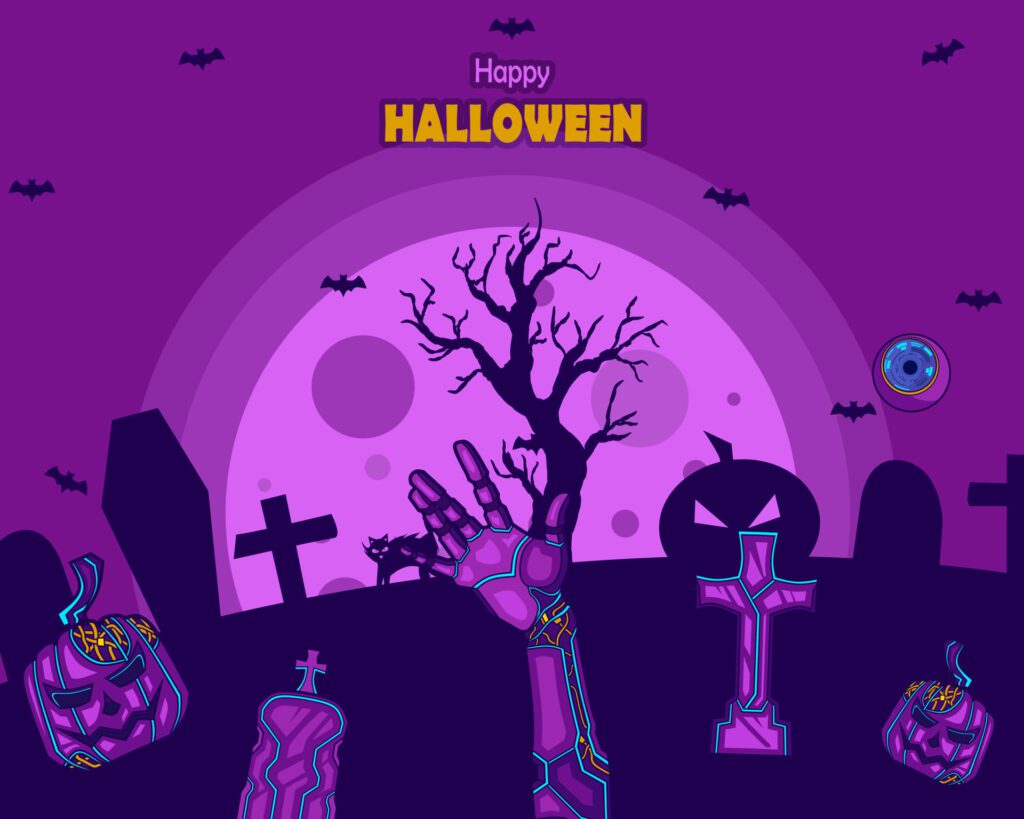 Happy halloween background wallpaper design in neon purple cyberpunk style. Free Vector