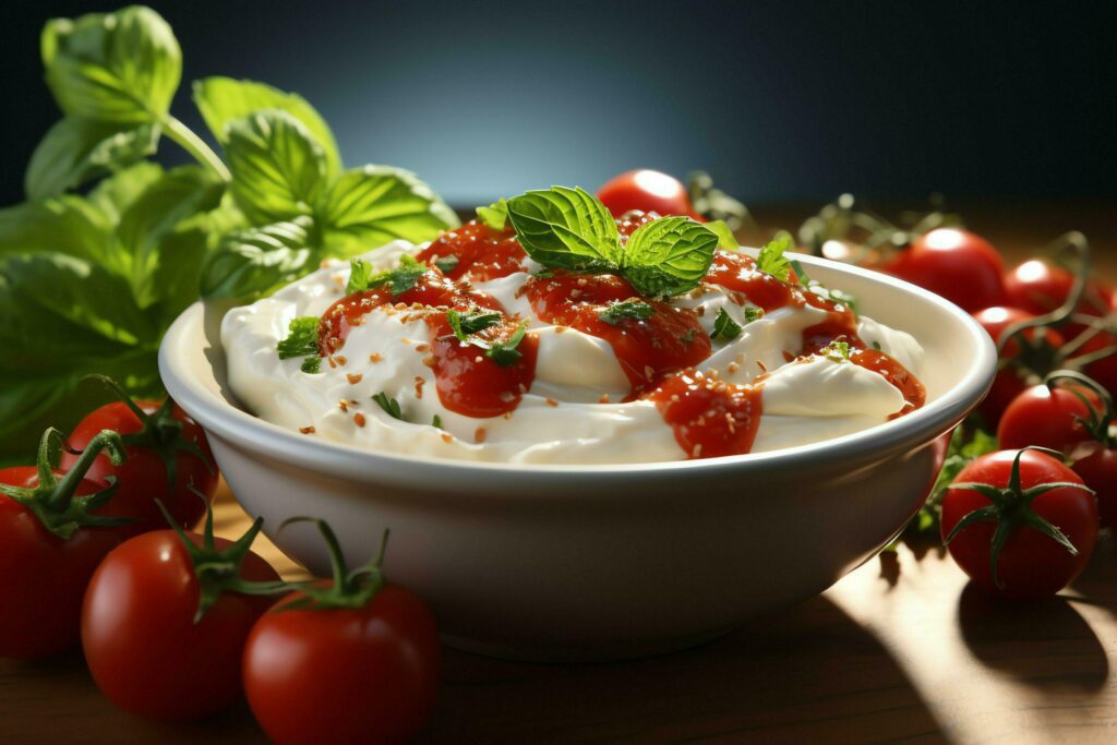 A delicious tomato soup food in a bowl. Winter food and healthy protein soup meal concept by AI Generated Stock Free