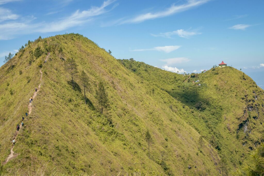 Landscape mountain when morning time sunlight summer vibes. The photo is suitable to use for adventure content media, nature poster and forest background. Stock Free