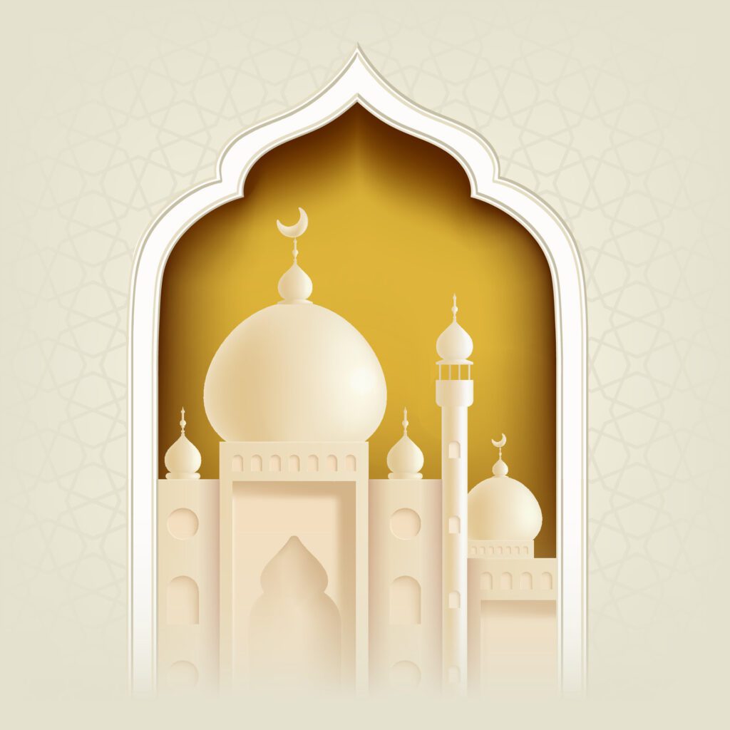 a picture of a mosque with a gold background and a mosque in the center Free Vector