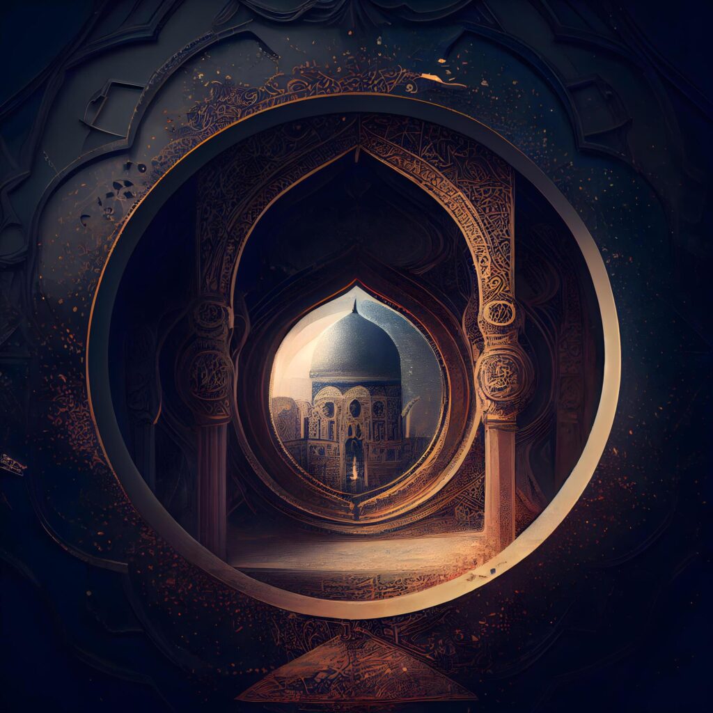 3d rendering of an arabic mosque in a round frame, Image Stock Free