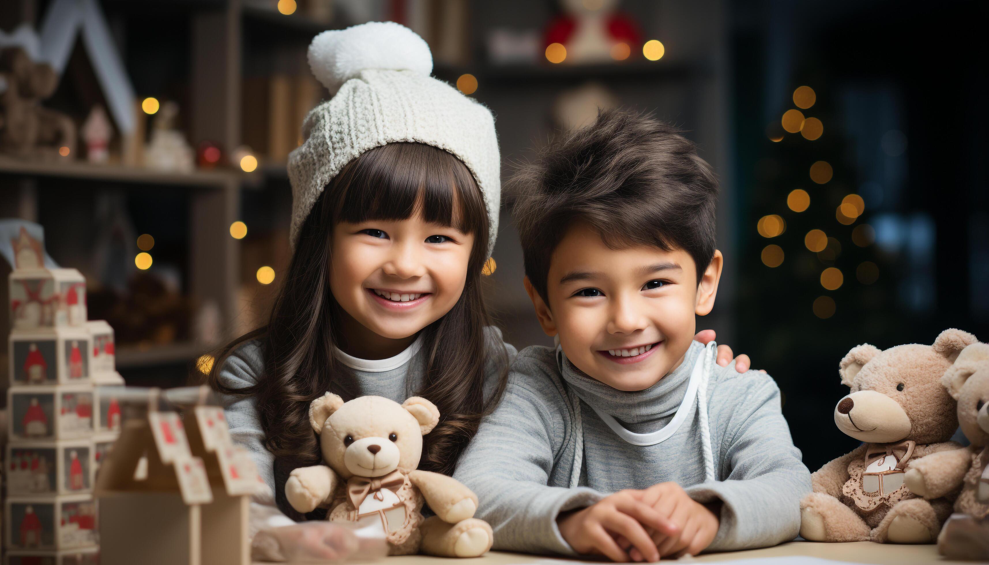 AI generated Two cute girls smiling, celebrating Christmas indoors with family generated by AI Stock Free